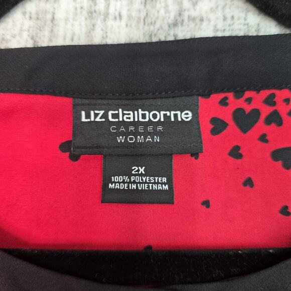 Liz Claiborne Blouse Womens 2X Red Black Heart Print Button Up Career Top Plus - Picture 3 of 10